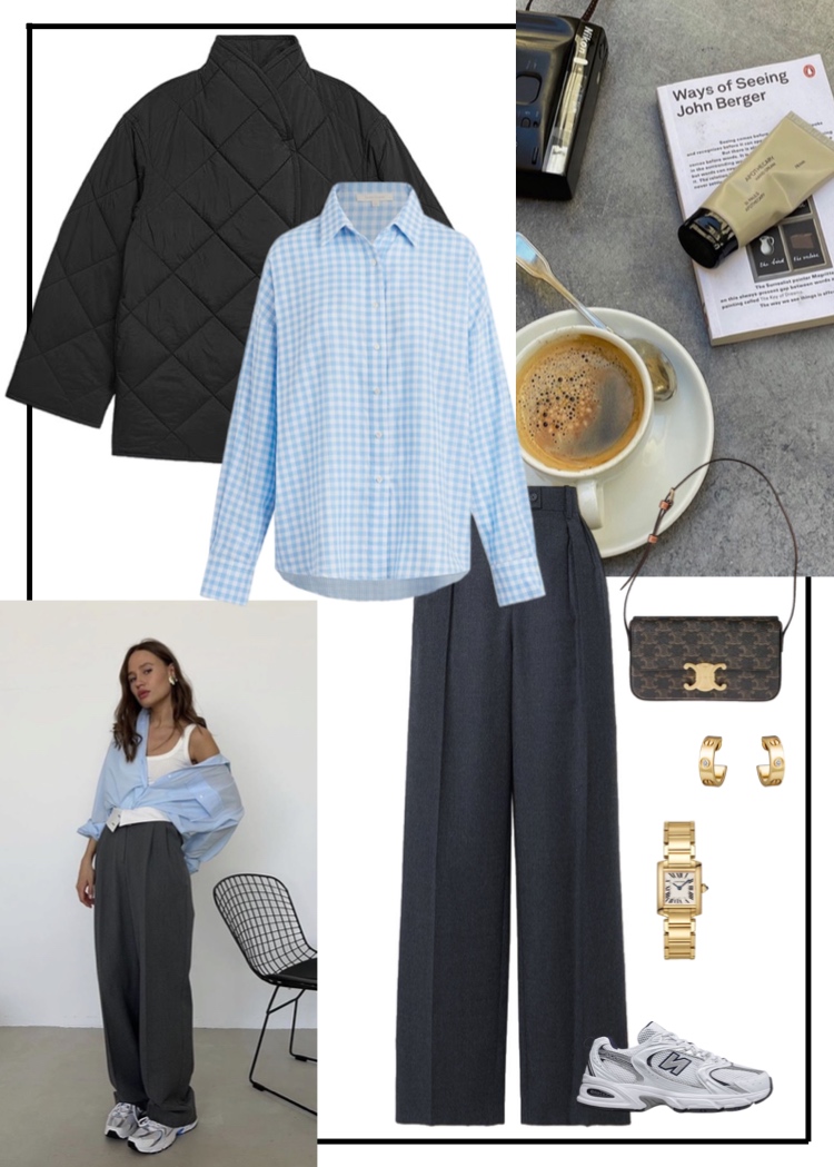 Office vibe: костюмная ткань nero Graphite + стежка NN big ромб black 150 Alpolux + хлопок тёплый клетка виши голубая 