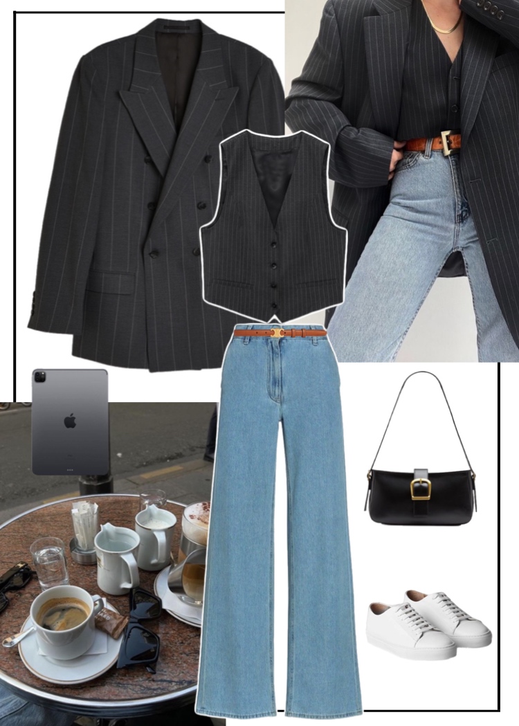 Street style: костюмная ткань nero полоска grey + деним light плотный 