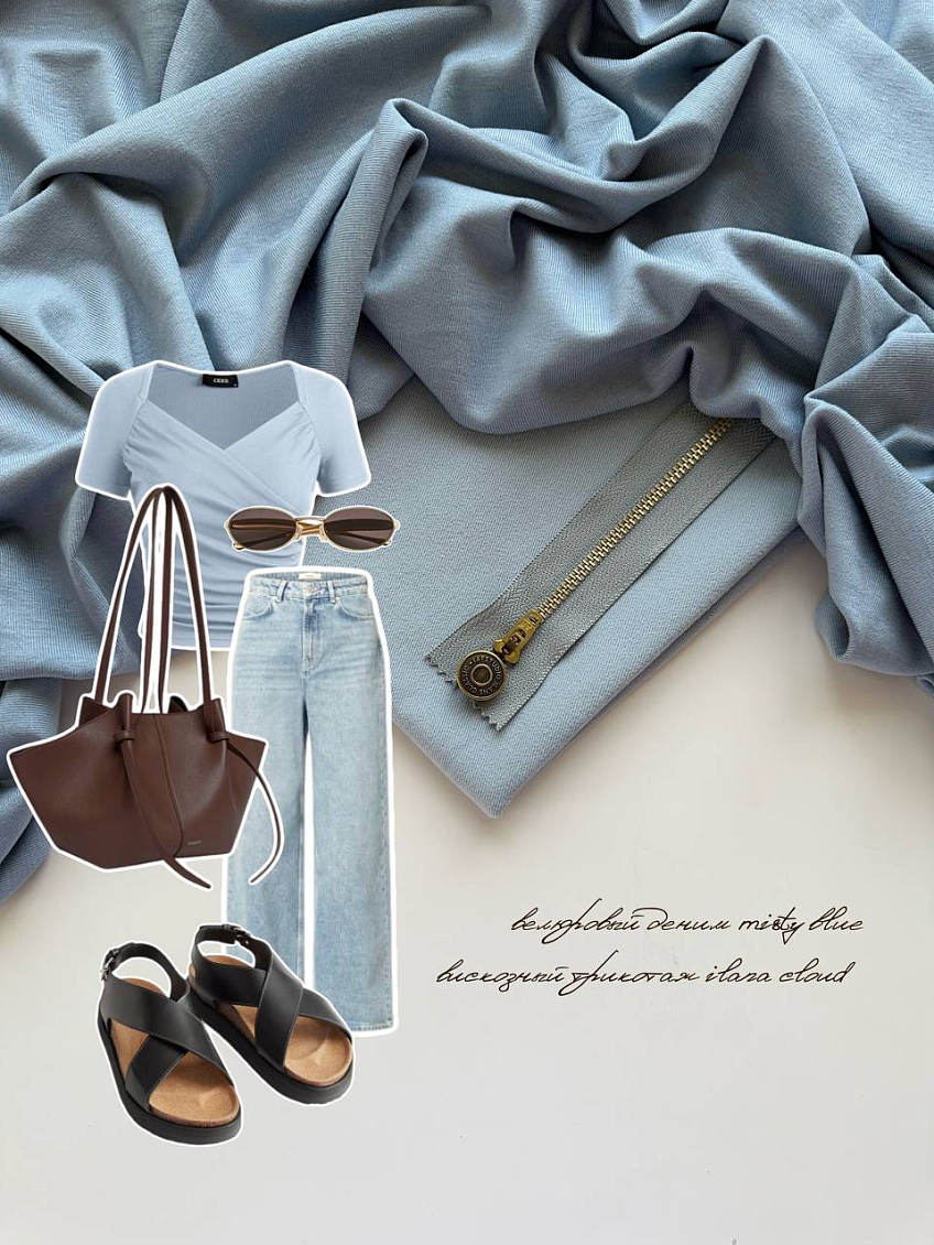 Вискозный трикотаж ilana cloud + деним велюровый misty blue
