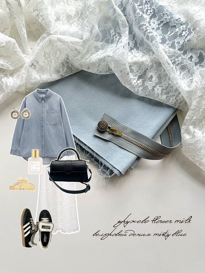 Кружево flower milk + велюровый деним misty blue