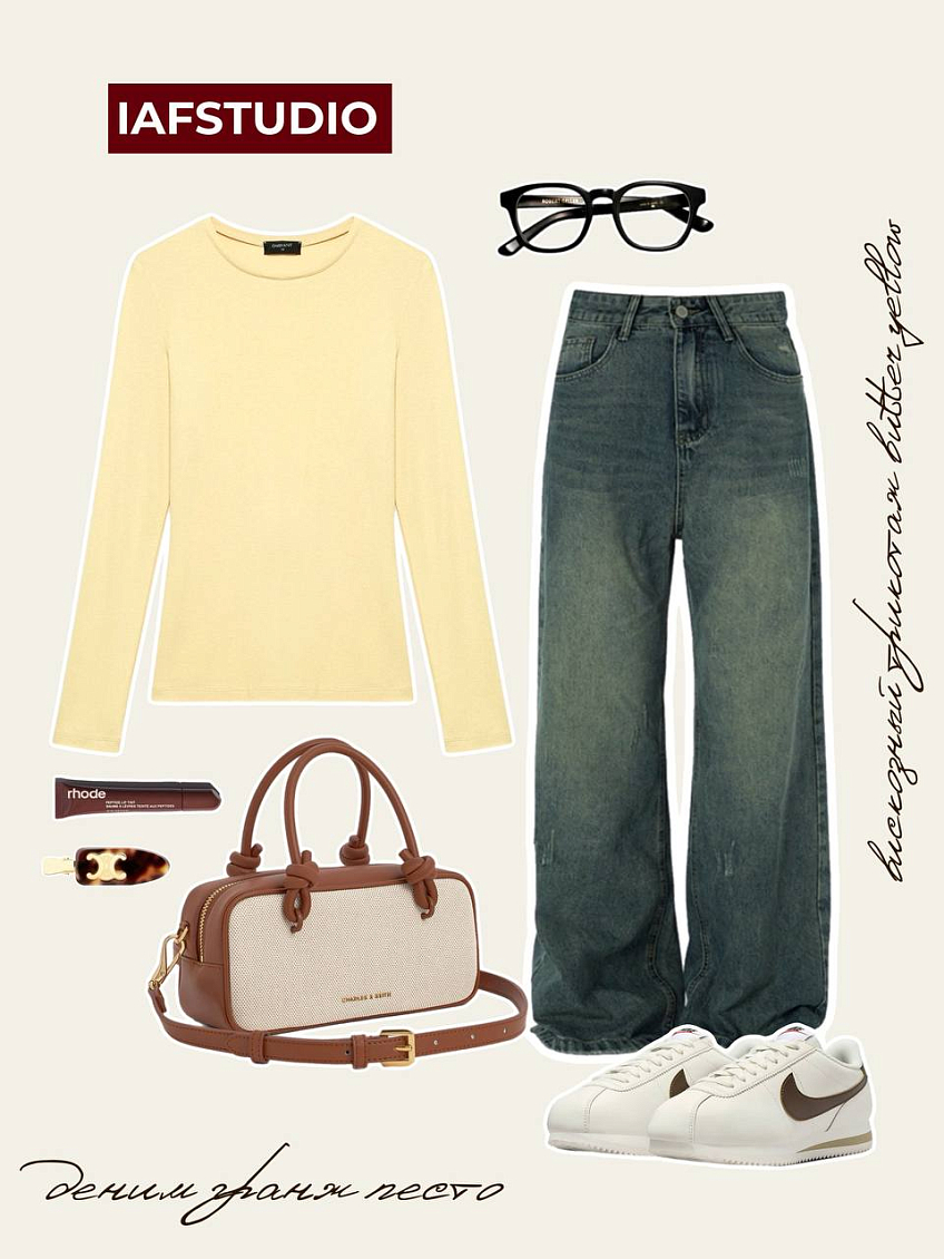 Деним гранж песто + вискозный трикотаж butter yellow