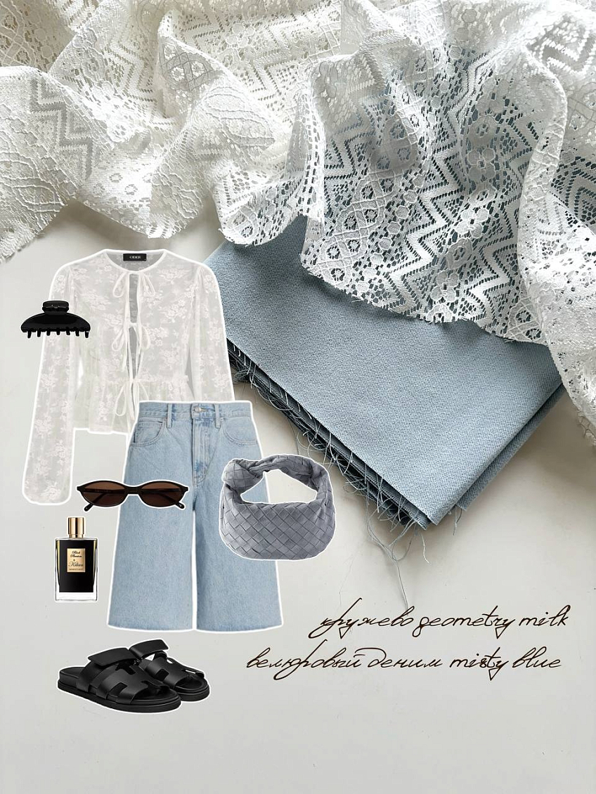 Кружево geometry milk + велюровый деним misty blue