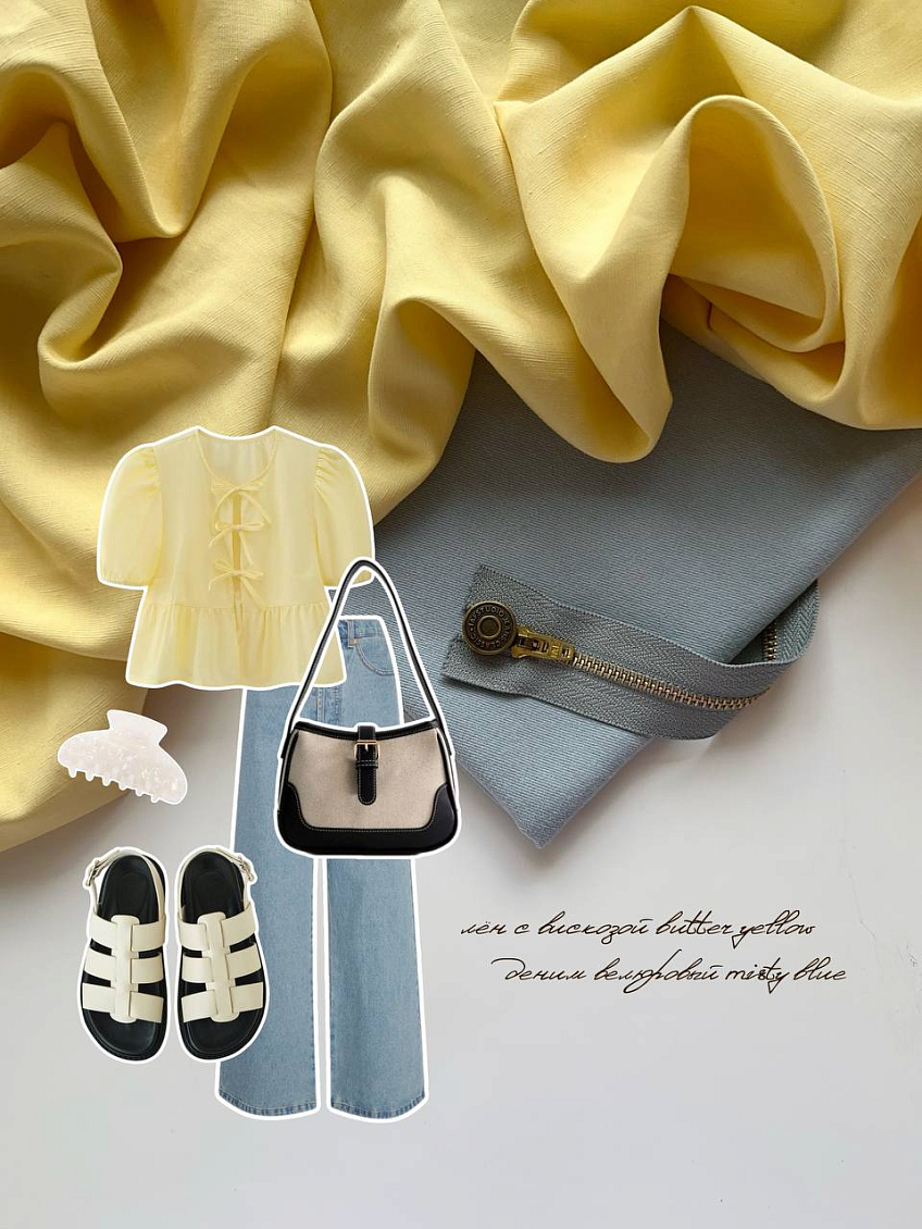 Лён с вискозой butter yellow + велюровый деним misty blue