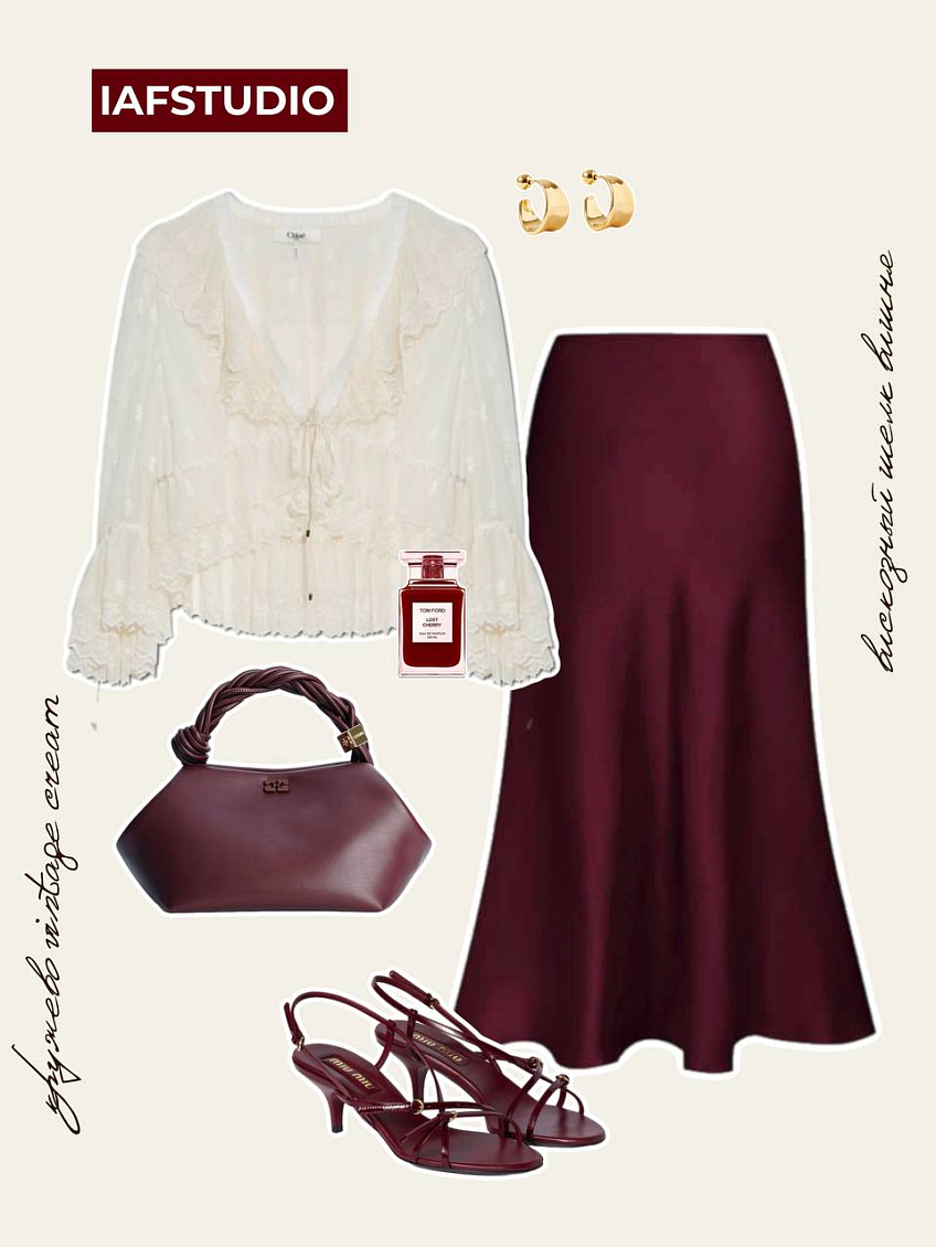 Кружево vintage cream + вискозный шелк вишня